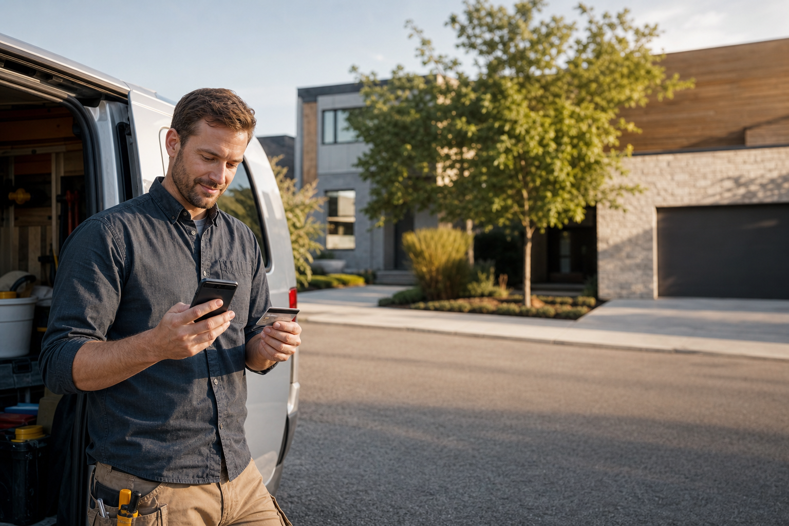 Contractor reviewing a project invoice on a phone